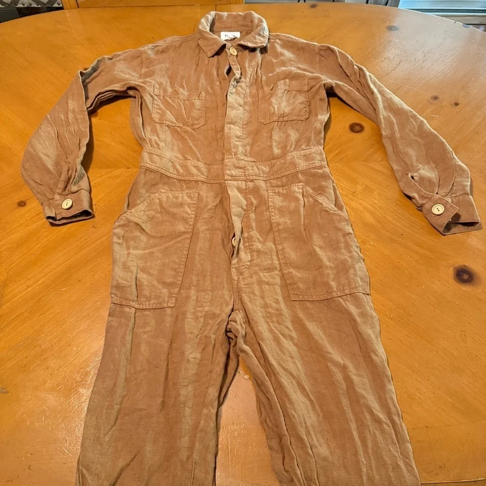 MATE the Label Long Sleeve Linen Jumpsuit Boilersuit Light Brown Sz XS Relaxed - Picture 3 of 16